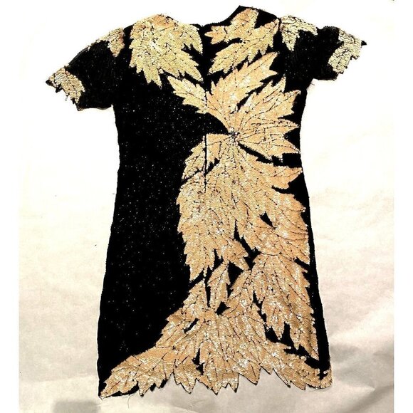 Vintage 80s Sho Max sequin dress opalescent creme black leaf design art nouveau - Picture 9 of 15